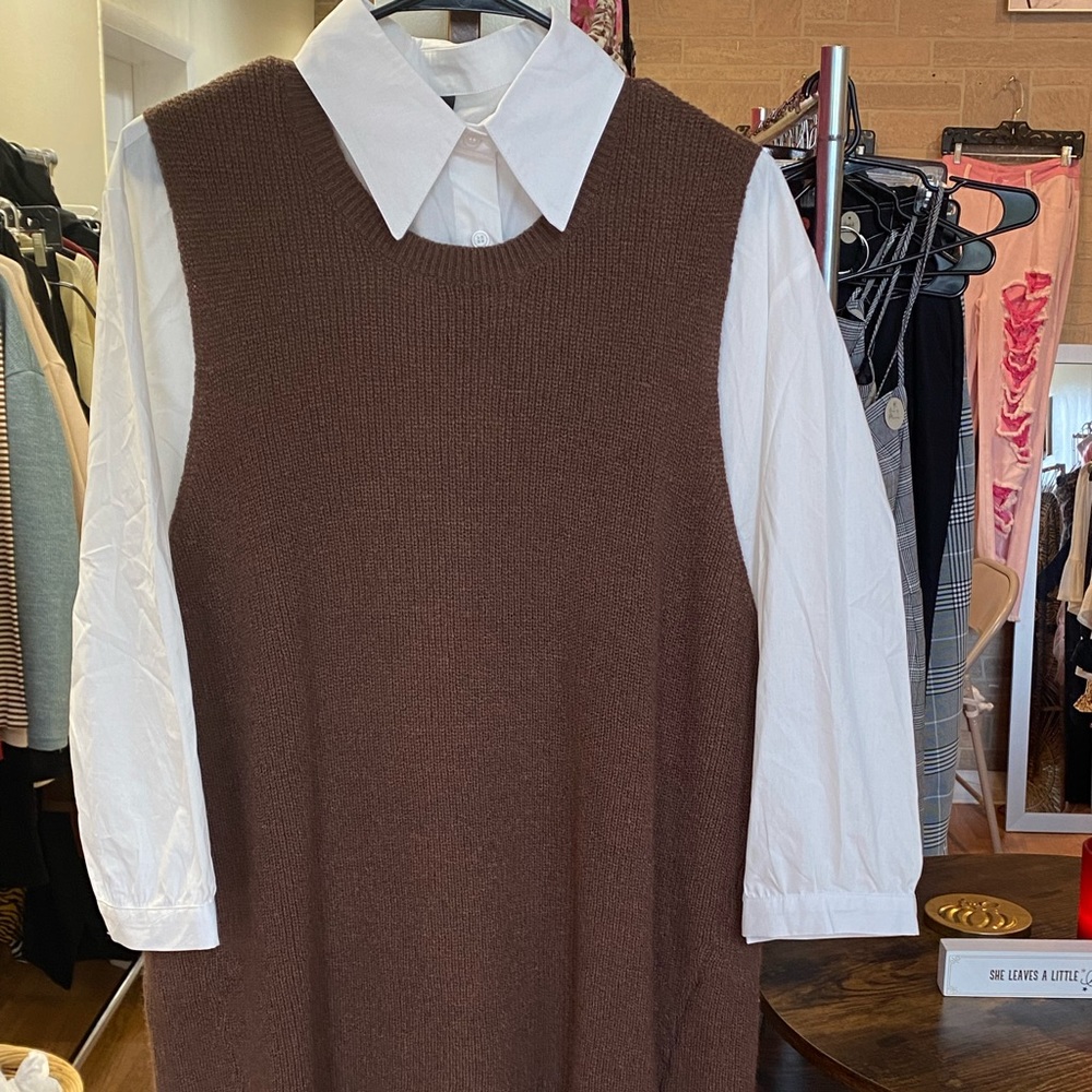 Hi-Low Brown Sweater Dress With White Shirt - Picture 7 of 10